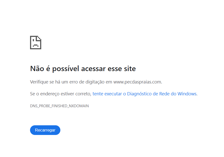 Página de erro do navegador ao acessar www.pecdaspraias.com com DNS_PROBE_FINISHED_NXDOMAIN