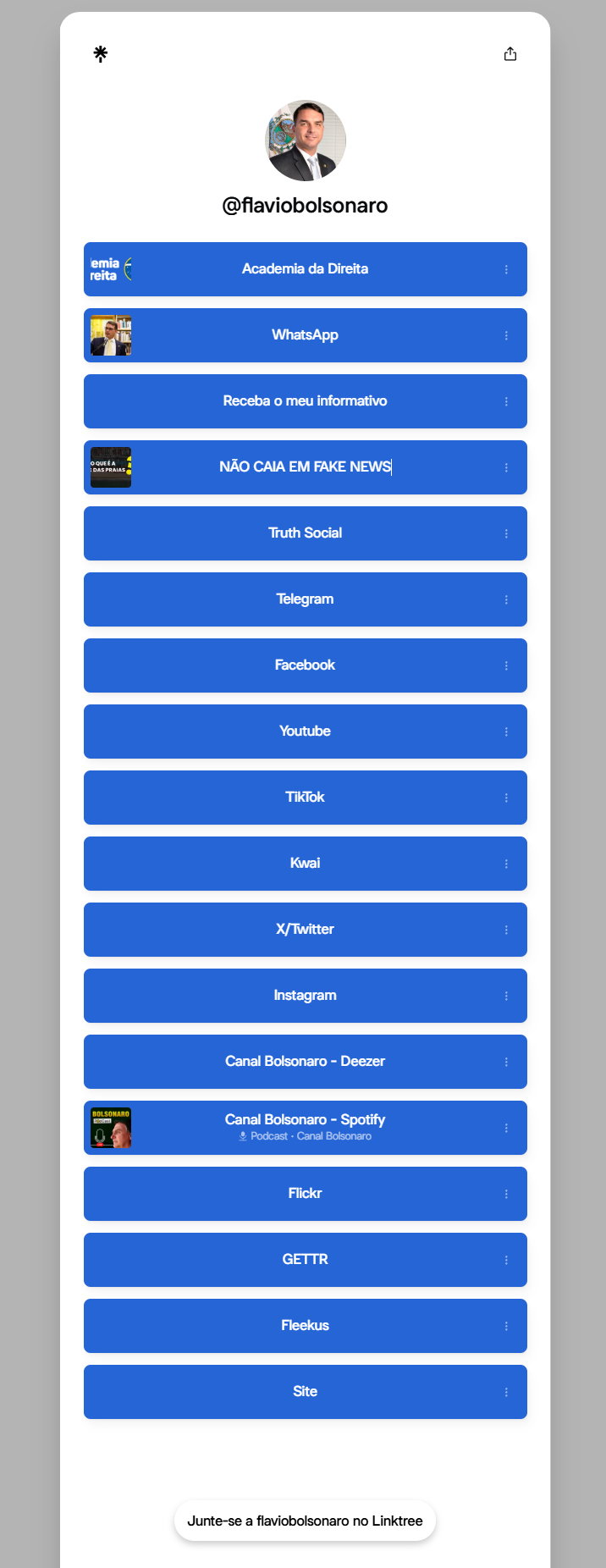 Captura de tela do Linktree atual de @flaviobolsonaro, exibindo 18 links com destaque visual uniforme