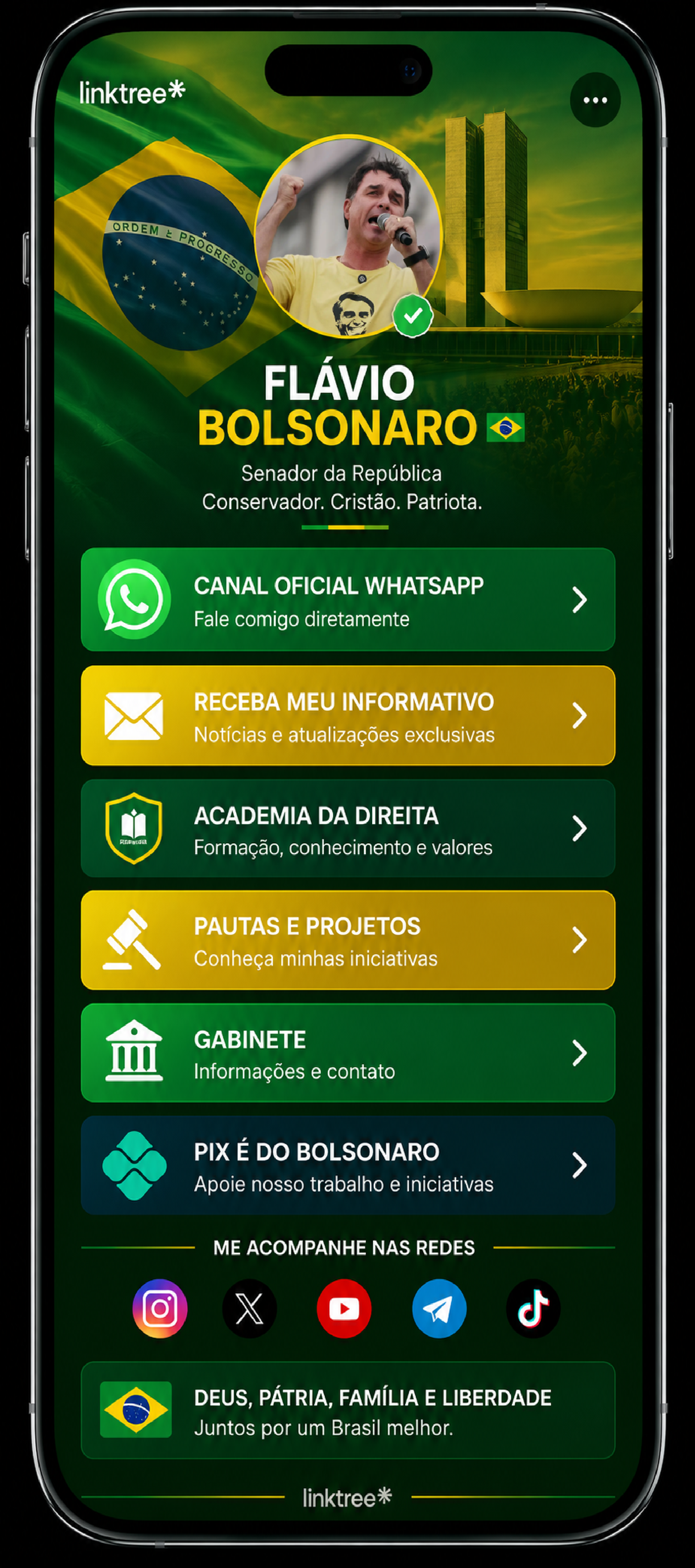 Mockup conceitual de reorganização do Linktree com hierarquia visual clara e seis ações principais